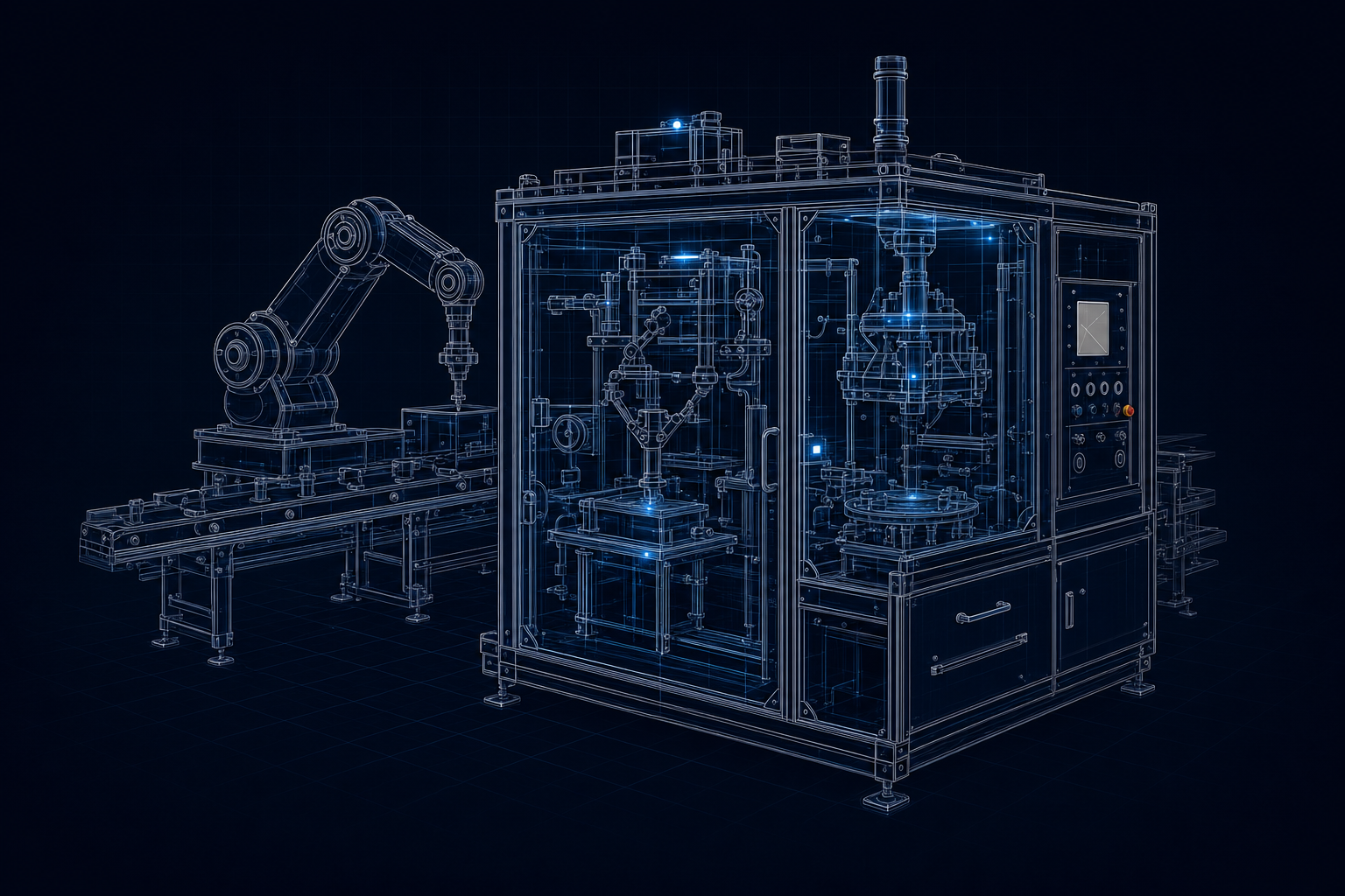 Blueprint sel otomasi industri terintegrasi dengan lengan robot, konveyor, dan mesin produksi