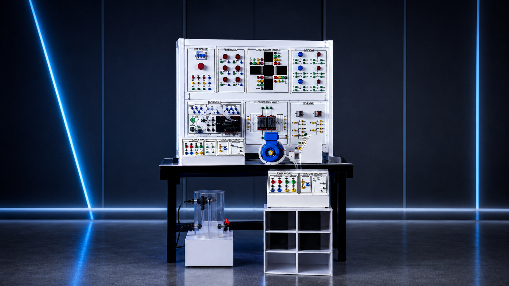 Meja pelatihan programmable logic controller dengan panel kontrol modular dan perangkat otomasi