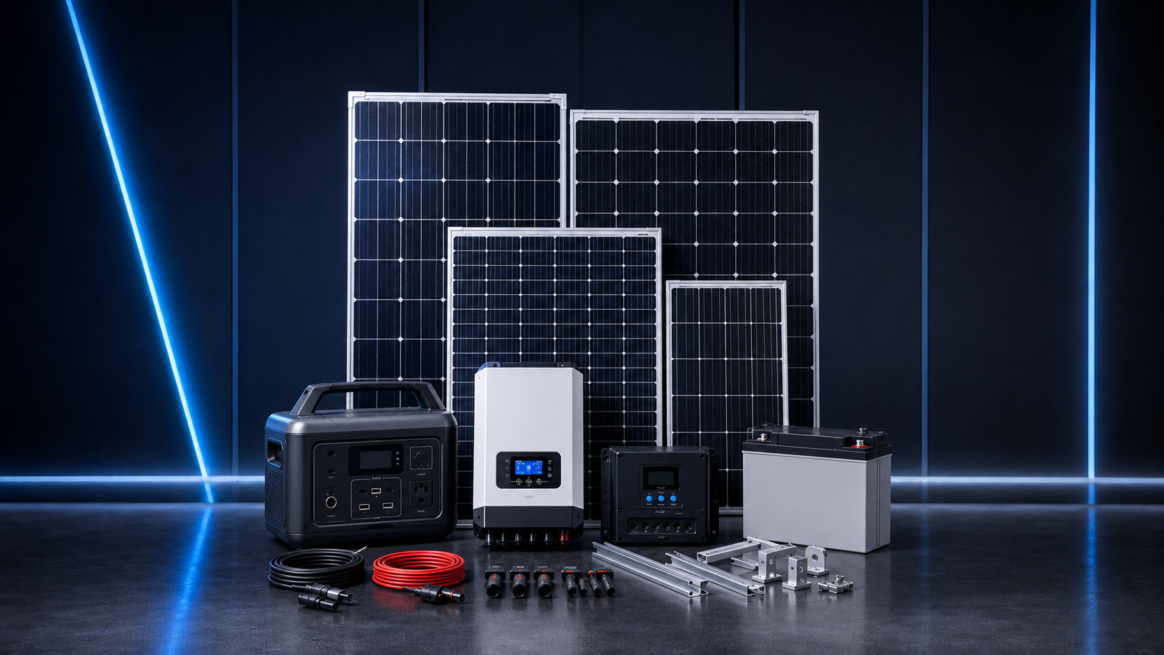 Sistem tenaga surya dengan panel fotovoltaik, inverter, kontroler pengisian, baterai, kabel, konektor, dan perangkat pemasangan